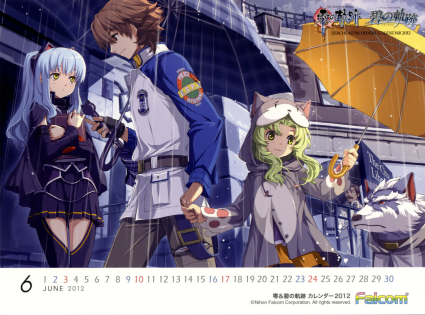 1boy 2012 2girls animal ao_no_kiseki black_thighhighs blue_hair blue_umbrella book brown_hair calendar_(medium) chief_roberts_(eiyuu_densetsu) coat company_name copyright_name eiyuu_densetsu gloves green_hair group_picture highres june kea_(eiyuu_densetsu) light_blue_hair lloyd_bannings long_hair multiple_girls official_art official_wallpaper plaid_umbrella rain raincoat skirt thighhighs tio_plato umbrella yellow_eyes yellow_umbrella zeit zero_no_kiseki