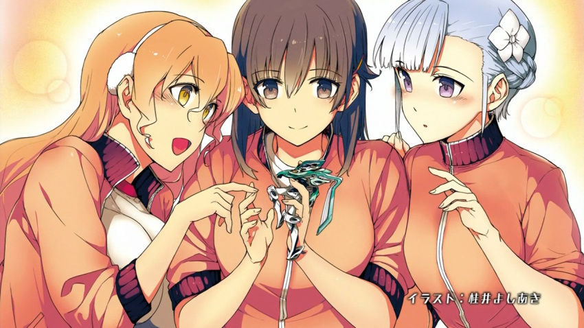 3girls alternate_costume anime_screenshot blue_hair braid brown_eyes brown_hair end_card figure fin_e_ld_si_laffinty flower gym_uniform hair_flower hair_ornament hairclip jacket katsurai_yoshiaki kyouno_madoka mecha muginami multiple_girls non-web_source open_clothes open_jacket open_mouth orange_hair paint.net_(medium) purple_eyes rinne_no_lagrange robot sleeves_pushed_up toy track_jacket track_suit vox_aura yellow_eyes