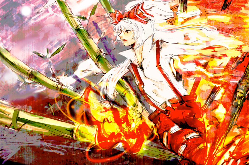 bad_id bad_pixiv_id bamboo bow commentary_request female fire fujiwara_no_mokou hairbow ibitsu long_hair solo suspenders touhou