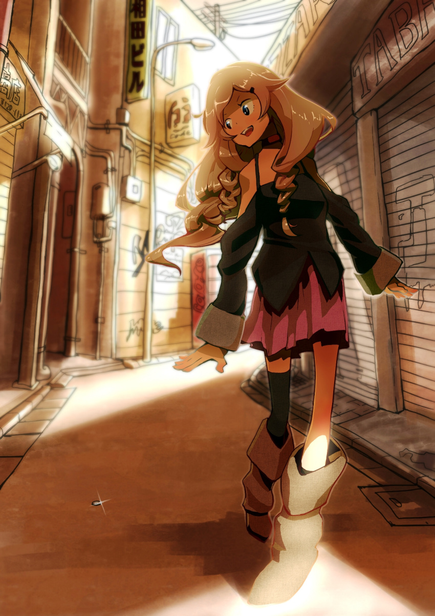 bare_shoulders blonde_hair blue_eyes boots braid coin commentary_request female highres ia_(vocaloid) long_hair nihonbashi_koukashita_r_keikaku_(vocaloid) off_shoulder open_mouth outdoors pikushibuaidhy road sepia single_thighhigh skirt smile solo street thighhighs twin_braids vocaloid walking