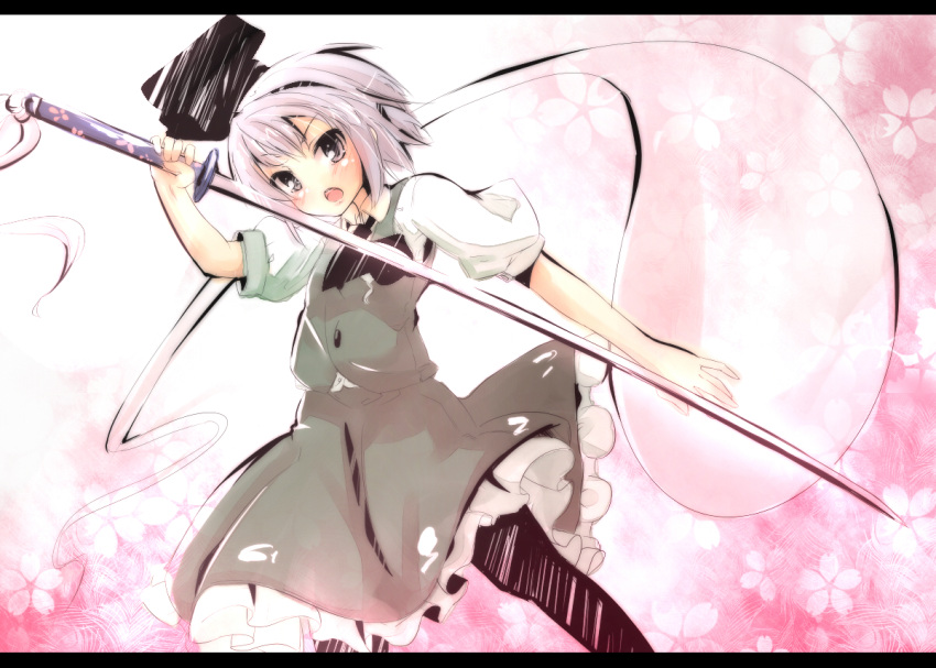 bad_id bad_pixiv_id black_hairband black_pantyhose blush bow female ghost grey_hair hair_ribbon hairband hitodama katanakko_daisuki konpaku_youmu konpaku_youmu_(ghost) letterboxed open_mouth pantyhose ribbon short_hair skirt solo sword touhou vest weapon