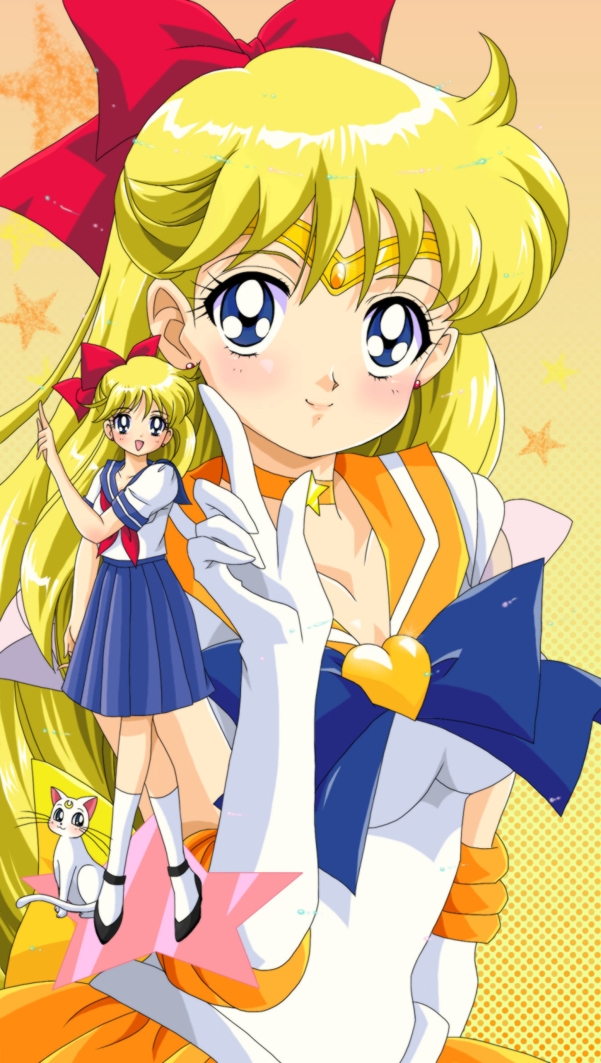 aino_minako anime_coloring artemis_(sailor_moon) back_bow bishoujo_senshi_sailor_moon blonde_hair blue_eyes blue_sailor_collar bow choker commentary_request crescent crescent_facial_mark crossed_legs dual_persona elbow_gloves facial_mark feline female gloves hairbow half_updo highres itou_ikuko_(style) kneehighs long_hair magical_girl mikiky official_style orange_choker orange_sailor_collar pleated_skirt red_bow sailor_collar sailor_senshi_uniform sailor_venus school_uniform serafuku shiba_koen_middle_school_uniform skirt socks standing star_(symbol) white_cat white_gloves white_legwear