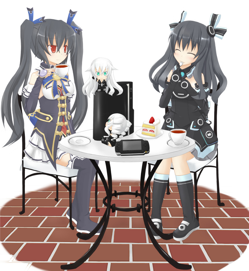 2girls ^_^ aqua_eyes black_hair black_heart_(neptunia) black_sister blush boots bow breasts bridal_gauntlets cake chibi choujigen_game_neptune_mk2 cleavage closed_eyes commentary_request cup drill_hair dual_persona food fruit game_console hair_ornament hairbow handheld_game_console highres himajin_(starmine) long_hair multiple_girls neptune_(series) noire_(neptunia) plate playstation_3 playstation_portable red_eyes siblings sisters small_breasts smile strawberry table tea thigh_boots twin_drills twintails uni_(neptunia) very_long_hair white_hair