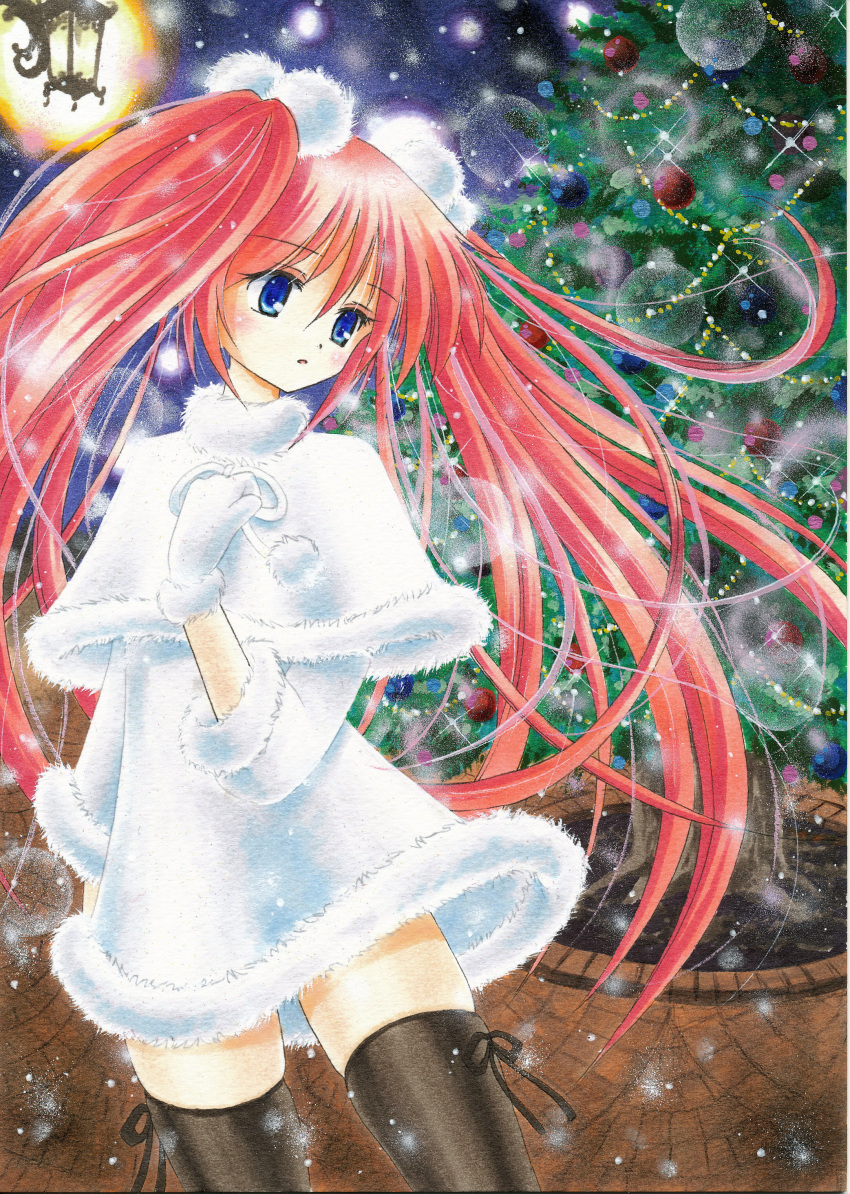 absurdres acrylic_paint_(medium) black_thighhighs blue_eyes capelet christmas_tree commentary_request female fur_trim hair_bobbles hair_ornament highres lamp long_hair marker_(medium) original painting_(medium) pink_hair santa_costume skindentation snow solo tegaki_no_yuu thighhighs traditional_media twintails very_long_hair white_santa_costume