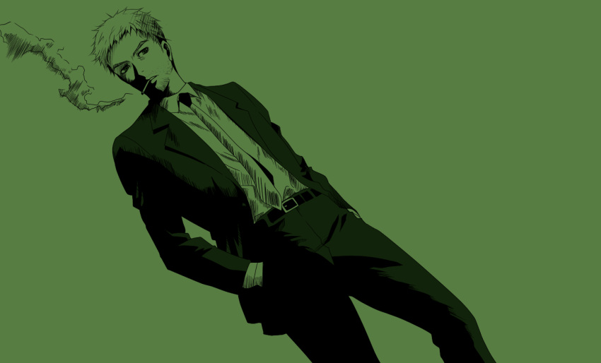 1boy belt commentary_request doujima_ryoutarou dutch_angle formal gintama green_background green_eyes green_theme hands_in_pockets looking_at_viewer male_focus monochrome necktie pants parody persona persona_4 smoking solo standing suit uzu_hi