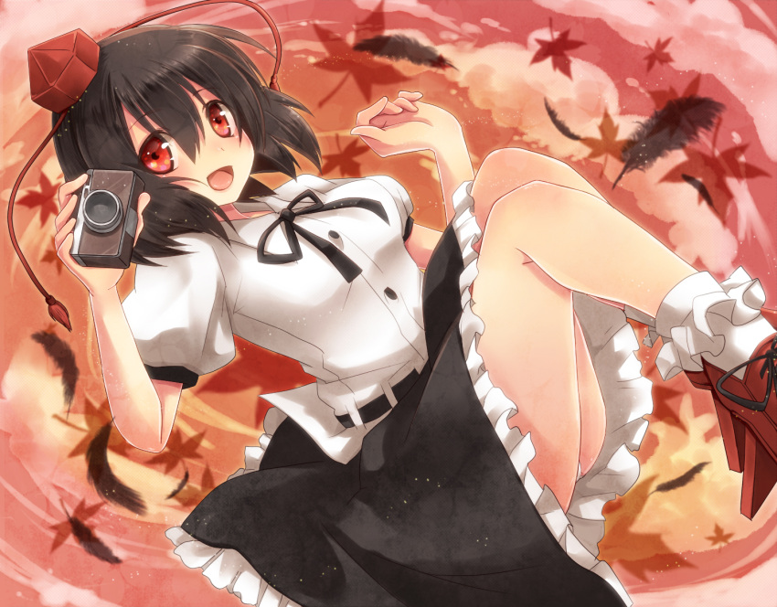 ascot black_hair blush bobby_socks camera commentary_request dress_shirt feathers female flying geta hat leaf looking_at_viewer maple_leaf open_mouth panties photoshop_(medium) red_eyes sakura_ran shameimaru_aya shirt skirt smile socks solo tokin_hat touhou underwear