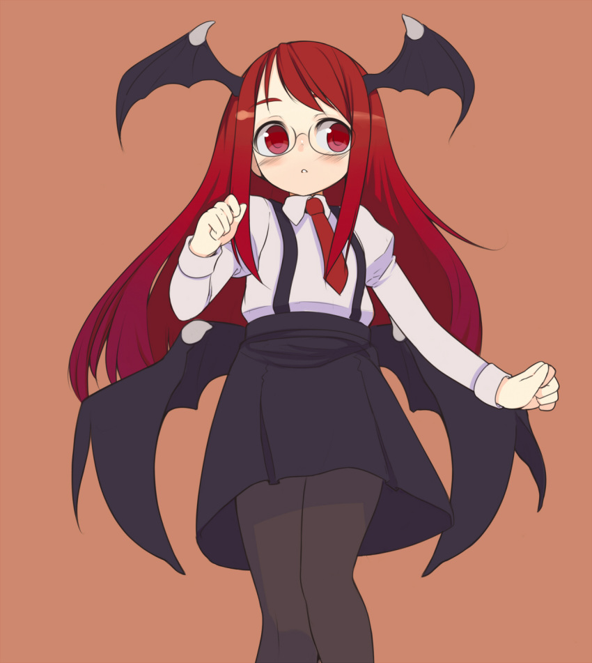 bat_wings bespectacled black_pantyhose blush commentary_request demon_wings dress_shirt female glasses head_wings highres koakuma long_hair necktie oza_watto pantyhose red_eyes red_hair red_necktie shirt skirt solo suspenders touhou wings