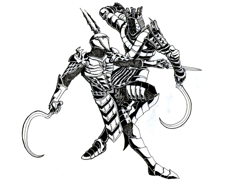 2boys armor battle commentary_request crossover dark_souls_(series) dark_souls_i demon's_souls duel knight_lautrec_of_carim menaslg monochrome multiple_boys photoshop_(medium) shotel sword weapon yurt_the_silent_chief