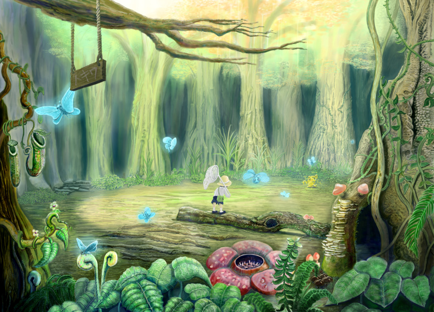 bug butterfly commentary_request fantasy female flower forest hand_net hat highres landscape nature photoshop_(medium) pitcher_plant plant rafflesia_(flower) ruun_(abcdeffff) scenery tonari_no_totoro tree