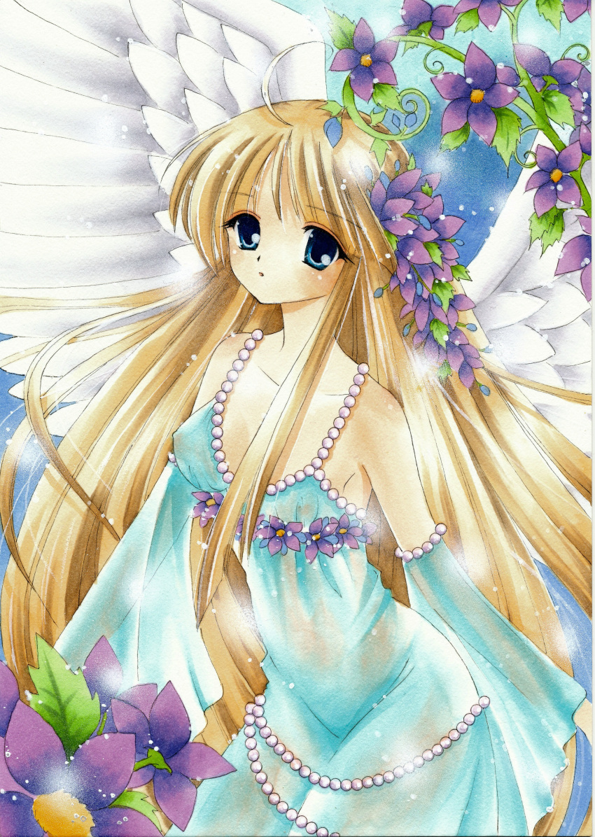 absurdres ahoge airbrush_(medium) angel_wings bare_shoulders bead_band beads blue_eyes brown_hair collarbone commentary_request detached_sleeves dress female flat_chest flower highres long_hair marker_(medium) original sidelocks solo tegaki_no_yuu traditional_media very_long_hair wings