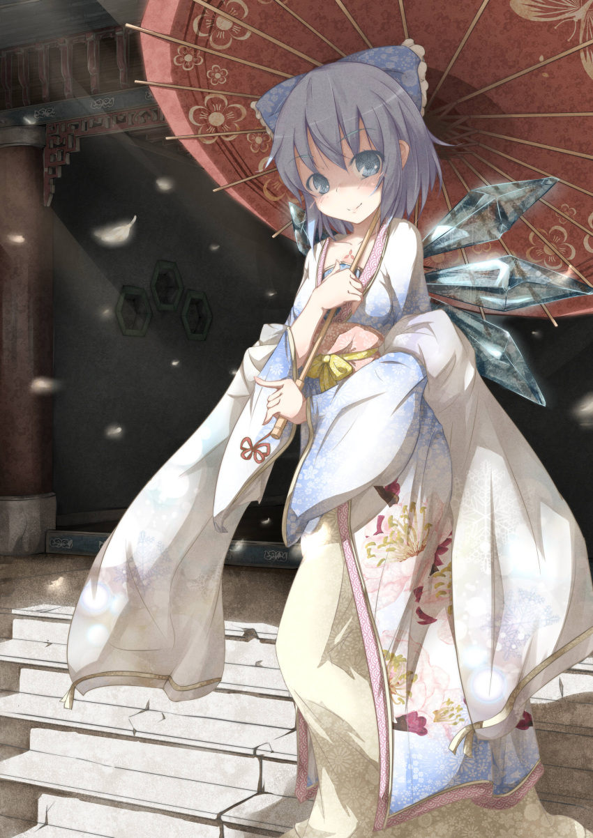 absurdres blue_bow blue_eyes blue_hair bow chinese_clothes cirno commentary_request female gpbeta hairbow hanfu highres ice ice_wings looking_at_viewer oil-paper_umbrella short_hair smile solo touhou umbrella wings