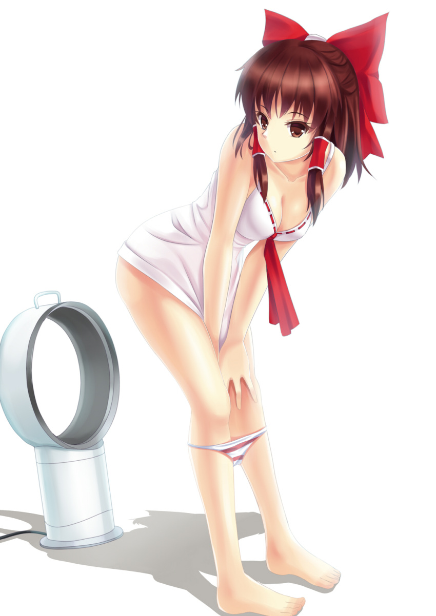 artistic_error ascot bad_id bad_pixiv_id bare_legs barefoot bladeless_fan bow breasts brown_eyes brown_hair camisole chemise cleavage dyson_(company) fanning_crotch female hair_ribbon hair_tubes hairbow hakurei_reimu highres leaning_forward naked_shirt panties panty_pull red_bow ribbon shirt small_breasts solo striped_clothes striped_panties touhou underwear v_arms white_camisole zi_se