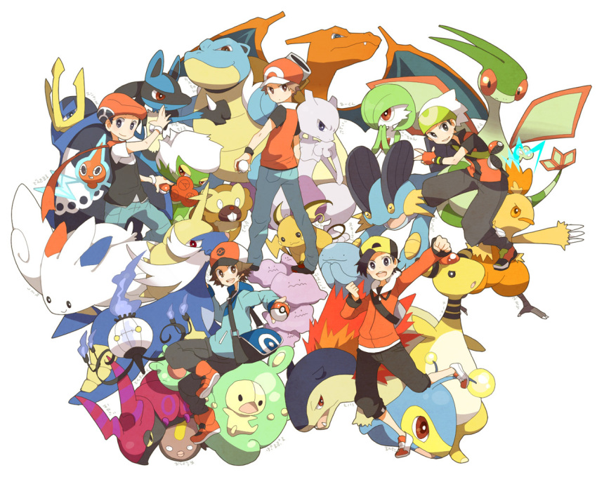 5boys ampharos backwards_hat bad_id bad_pixiv_id bag baseball_cap bibarel black_hair blastoise brendan_(pokemon) brown_hair chandelure charizard combusken ditto empoleon ethan_(pokemon) flygon gardevoir hat hilbert_(pokemon) holding holding_poke_ball lanturn looking_at_viewer lucario lucas_(pokemon) mewtwo multiple_boys niimura_(csnel) poke_ball poke_ball_(basic) pokemon pokemon_(creature) pokemon_bw pokemon_dppt pokemon_emerald pokemon_frlg pokemon_hgss pokemon_rse quagsire raichu red_(pokemon) reuniclus roserade rotom rotom_(normal) samurott scarf scolipede shoulder_bag stunfisk togekiss typhlosion white_background