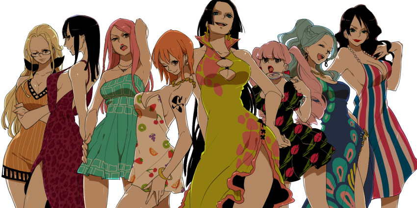 6+girls alternate_costume alvida_(one_piece) amazon_warrior black_hair blonde_hair blue_hair boa_hancock breasts candy cleavage closed_eyes commentary_request dress earrings food glasses highres jewelry jewelry_bonney kalifa_(one_piece) large_breasts lollipop long_hair mojisan_(ebimo) multiple_girls nami_(one_piece) necklace nefertari_vivi nico_robin one_piece orange_hair perona pink_hair ponytail short_hair side_slit smile snake_earrings tattoo