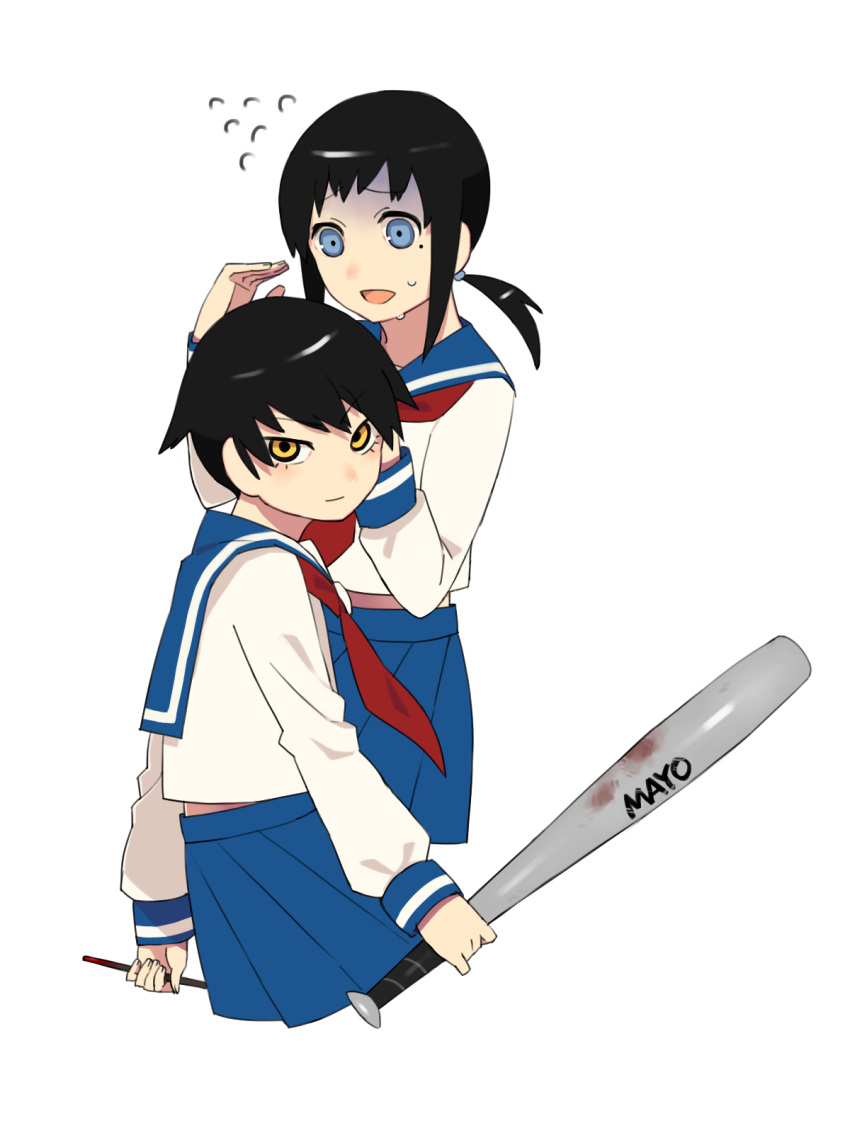 2girls bad_id bad_pixiv_id baseball_bat black_hair blood blue_eyes cropped_torso highres kaga_ai mitama_mayo mole multiple_girls nervous open_mouth ponytail sayonara_zetsubou_sensei school_uniform serafuku short_hair sidelocks simple_background skirt smile stick tsurime turn_pale yellow_eyes yomosaka