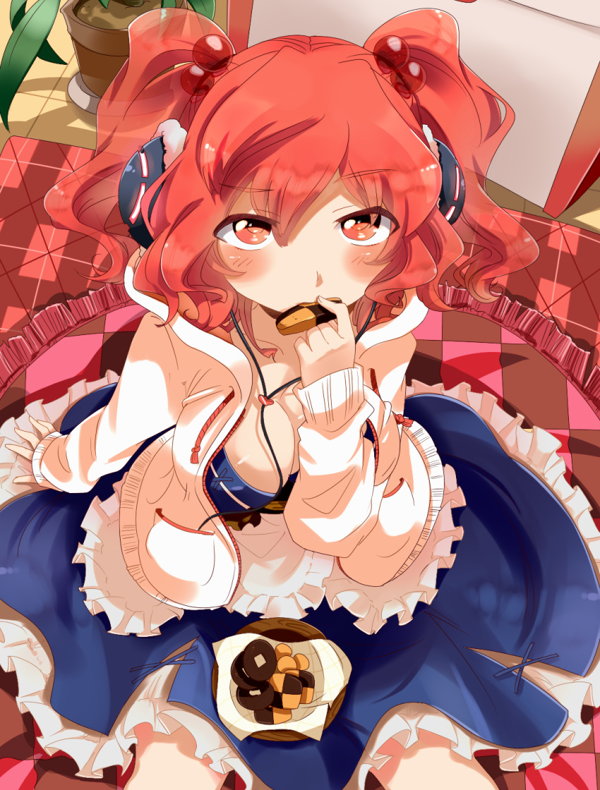 blush breasts bunsuke cleavage commentary_request eating female hair_bobbles hair_ornament headphones highres medium_breasts onozuka_komachi red_eyes red_hair short_hair solo touhou two_side_up