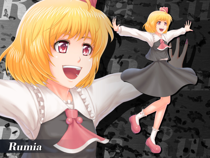 :d blonde_hair commentary_request female nazal open_mouth outstretched_arms photoshop_(medium) rumia short_hair smile solo spread_arms touhou zoom_layer