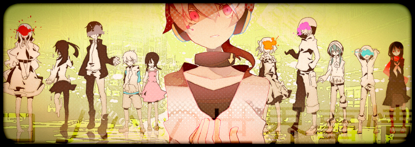 amamiya_hibiya asahina_hiyori censored collarbone commentary_request creator_connection enomoto_takane headphone_actor_(vocaloid) headphones identity_censor jinzou_enemy_(vocaloid) kagerou_days_(vocaloid) kagerou_project kano_shuuya kido_tsubomi kisaragi_momo kisaragi_shintarou konoha_(kagerou_project) konoha_no_sekai_jijou_(vocaloid) kozakura_marry looking_at_viewer mekakushi_code_(vocaloid) miwasiba multiple_boys multiple_girls ponytail red_eyes short_hair solo_focus souzou_forest_(vocaloid) tateyama_ayano vocaloid white_hair