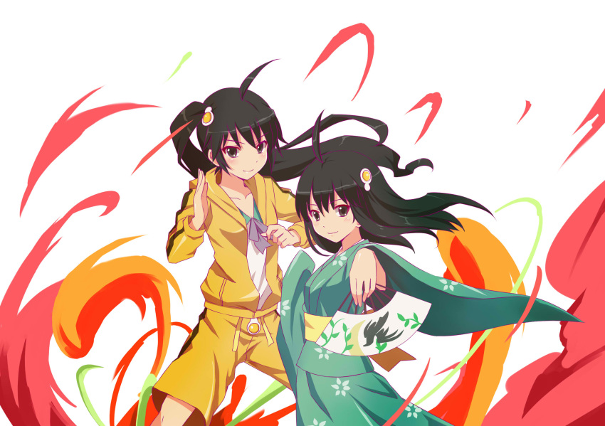 2girls ahoge araragi_karen araragi_tsukihi black_eyes black_hair commentary_request egg_(food) egg_hair_ornament fighting_stance fire food food-themed_hair_ornament fried_egg hair_ornament hand_fan highres hood hooded_track_jacket jacket japanese_clothes kimono long_hair monogatari_(series) multiple_girls nisemonogatari school_uniform siblings side_ponytail sisters smile track_jacket tsuganoki_second_junior_high_school_uniform yuj_(moemarket)