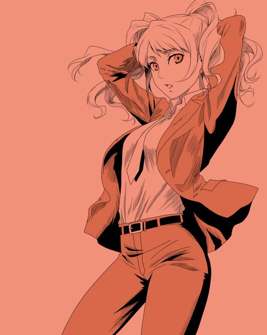 arms_behind_head belt breasts commentary_request earrings female formal gintama highres jewelry kujikawa_rise looking_at_viewer monochrome necktie open_mouth pant_suit pants parody persona persona_4 red_eyes red_theme small_breasts solo standing suit twintails uzu_hi