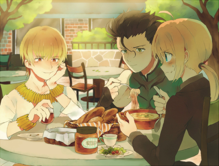 2boys ahoge alcohol artoria_pendragon_(fate) bad_id bad_pixiv_id black_hair blonde_hair blush bracelet bread diarmuid_ua_duibhne_(lancer)_(fate) eating fate/zero fate_(series) female food formal gilgamesh_(fate) green_eyes gyoe jewelry multiple_boys necklace official_alternate_costume pant_suit pants pasta ponytail red_eyes saber_(fate) salad soup spaghetti suit wine yellow_eyes