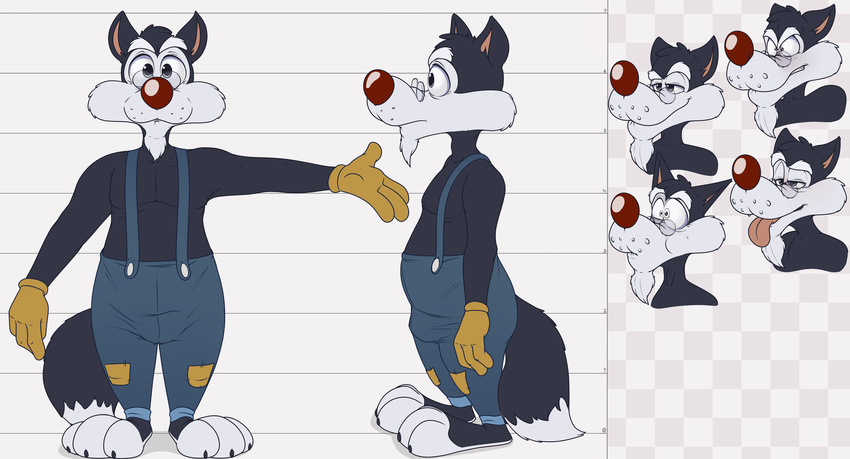 absurd_res animaniacs anthro barefoot biped canid canine canis clothing feet hi_res male mammal model_sheet neenya overalls overweight overweight_anthro overweight_male solo walter_john_wolf walter_wolf warner_brothers wolf