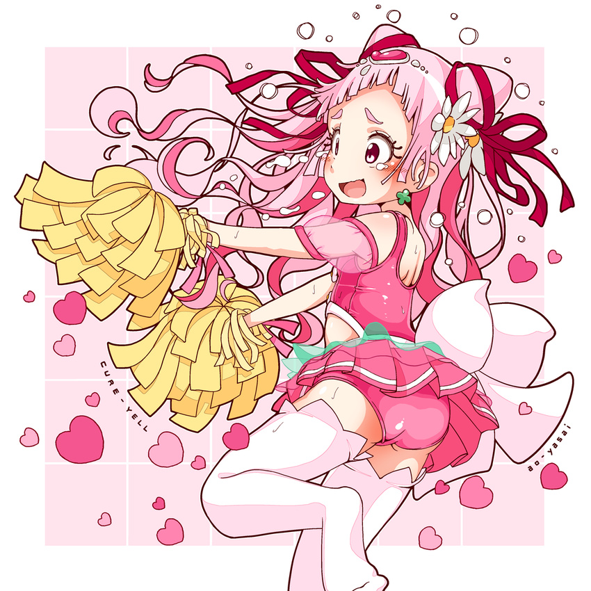 :d ao_yasai ass back_bow blush bow commentary_request cone_hair_bun cowboy_shot cure_yell double_bun earrings female flower hair_bun hair_flower hair_ornament hair_ribbon heart heart_hair_ornament highres holding hugtto!_precure jewelry leotard long_hair magical_girl nono_hana open_mouth pink_eyes pink_hair pink_leotard pink_skirt pleated_skirt pom_pom_(cheerleading) precure red_ribbon ribbon skirt smile solo standing standing_on_one_leg tears thighhighs white_bow white_thighhighs