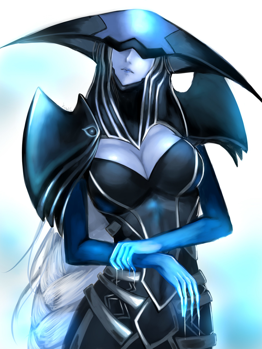 absurdres armor bad_id bad_pixiv_id blue_lips blue_skin braid breasts cleavage cleavage_cutout clothing_cutout colored_skin commentary covered_eyes female helmet helmet_over_eyes highres kumiko_shiba large_breasts league_of_legends lips lipstick lissandra_(league_of_legends) long_hair makeup pauldrons shoulder_armor single_braid solo very_long_hair white_hair