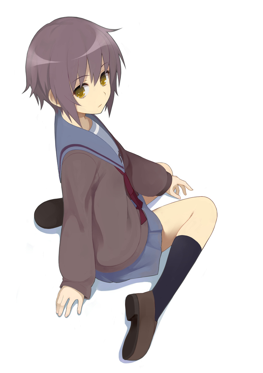 absurdres bad_id bad_pixiv_id blue_sailor_collar blue_skirt blush brown_cardigan brown_eyes cardigan commentary_request female highres kita_high_school_uniform looking_back nagato_yuki nnyu open_cardigan open_clothes purple_hair sailor_collar school_uniform serafuku short_hair sitting skirt solo suzumiya_haruhi_no_yuuutsu wariza winter_uniform