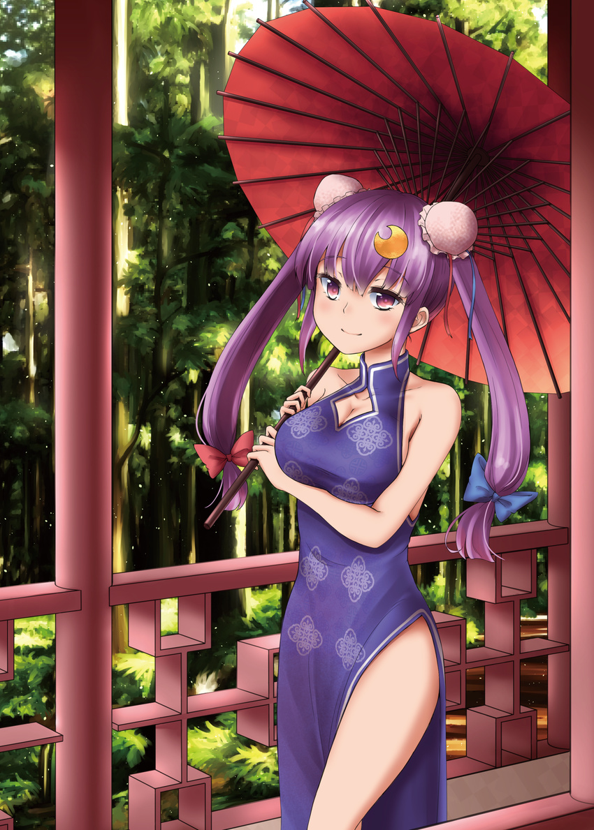 absurdres alternate_costume alternate_hairstyle bare_shoulders breasts bun_cover china_dress chinese_clothes cleavage commentary_request crescent crescent_hair_ornament double_bun dress female hair_bun hair_ornament hair_ribbon highres large_breasts oil-paper_umbrella orinpachu patchouli_knowledge purple_eyes purple_hair ribbon smile solo touhou tree twintails umbrella