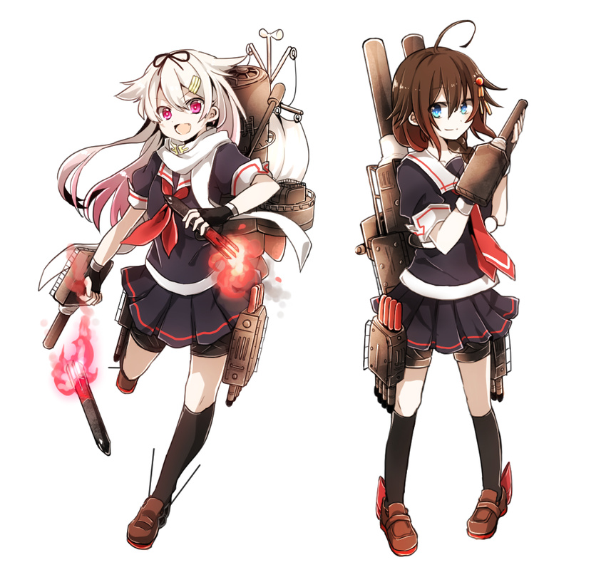 2girls ahoge black_socks blonde_hair blue_eyes braid brown_hair commentary_request fingerless_gloves gloves hair_flaps hair_ornament hair_ribbon hairclip kantai_collection kneehighs long_hair multiple_girls neckerchief necktie oerba_yun_fang pleated_skirt red_eyes red_neckerchief red_necktie ribbon ryukadomatsu sailor_collar scarf school_uniform serafuku shigure_(kancolle) shigure_kai_ni_(kancolle) side_braid single_braid skirt socks torpedo white_background white_scarf yuudachi_(kancolle) yuudachi_kai_ni_(kancolle)