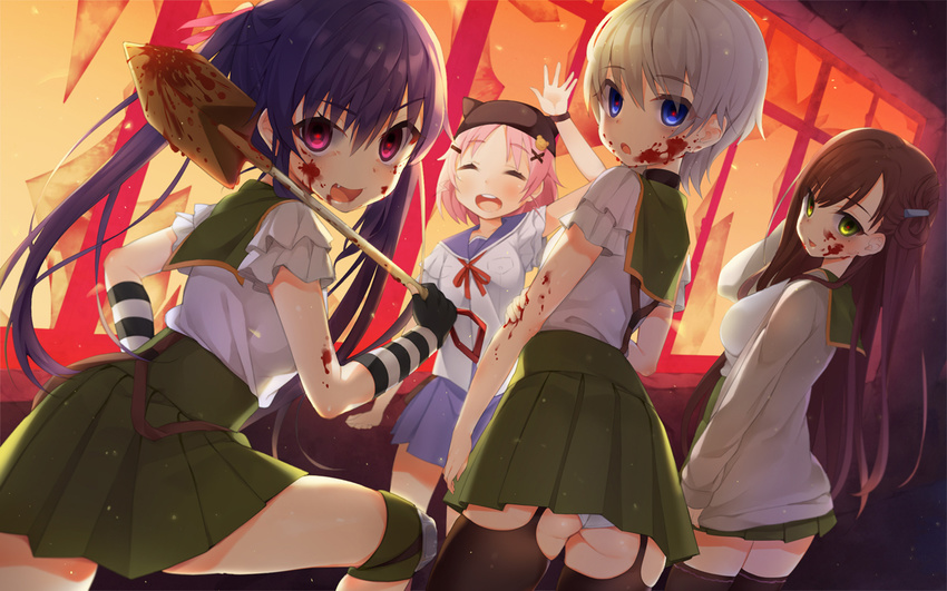 ass blood ebisuzawa_kurumi gakkou_gurashi! gloves group hat hym9594 naoki_miki oerba_yun_fang panties seifuku skirt takeya_yuki thighhighs underwear wakasa_yuuri