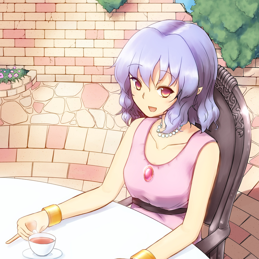 blue_hair bracelet brick_wall chair collarbone commentary cup female flower formal highres jewelry necklace open_mouth orinpachu outdoors pavement pearl_necklace pinky_out pointy_ears remilia_scarlet running_bond sitting smile solo table tea teacup touhou