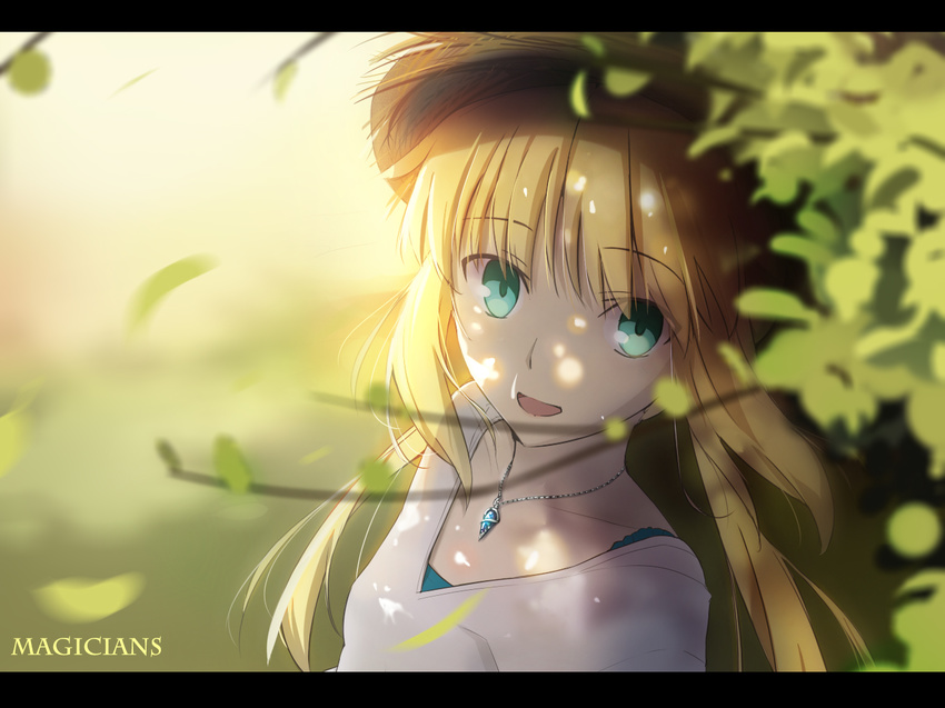 aqua_eyes blonde_hair fate/stay_night hat leaves long_hair magicians necklace saber watermark