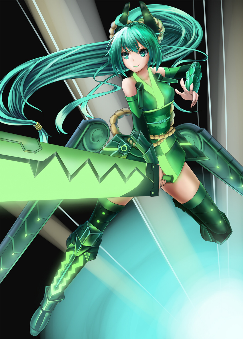 armor bad_id bad_pixiv_id female gauntlets greaves green_eyes green_hair highres long_hair mizuya_nao solo sword vividgreen vividred_operation weapon