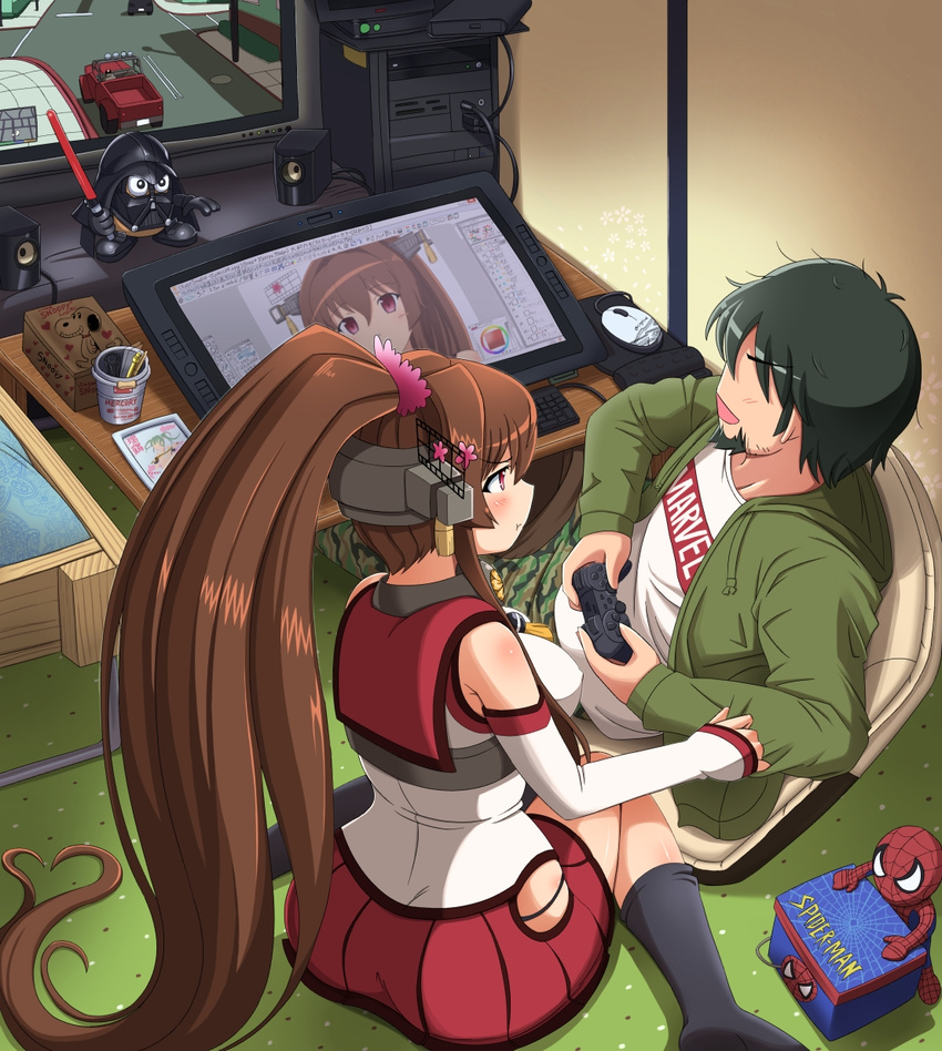 adobe_photoshop artist_self-insert bad_id bad_pixiv_id banned_artist black_hair brown_hair commentary_request controller darth_vader detached_sleeves dualshock female game_console game_controller gamepad grand_theft_auto_v hair_ornament highres kantai_collection long_hair marvel peanuts playing_games playstation ponytail pout red_eyes shin'en-san shin'en_(gyokuro_company) short_hair single_thighhigh sitting snoopy spider-man spider-man_(series) star_wars thighhighs trevor_philips very_long_hair wariza yamato_(kantai_collection)