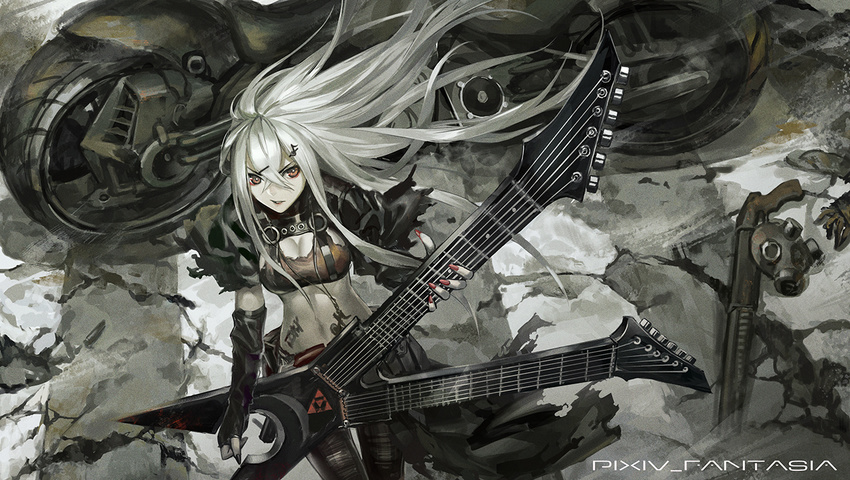 breasts brown_eyes cleavage guitar gun instrument long_hair motorcycle pixiv_fantasia polychromatic weapon white_hair zhouran