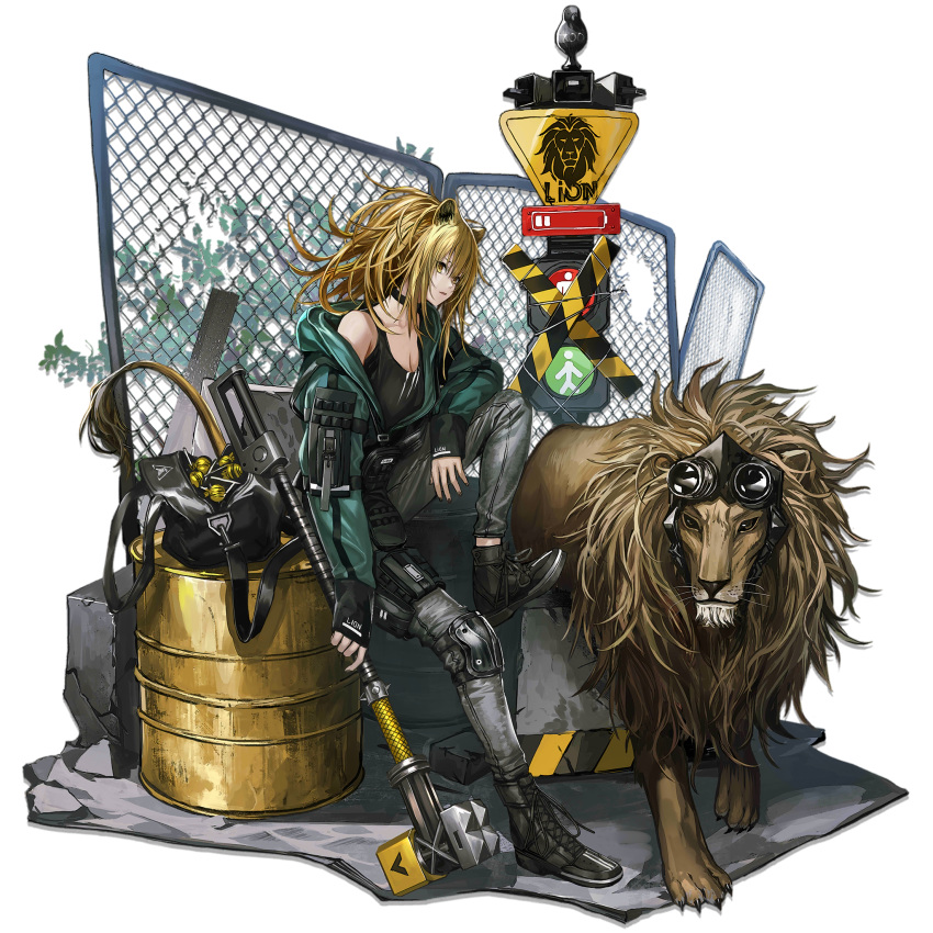 animal_ears arknights bag bare_shoulders black_choker black_footwear black_nails black_tank_top blonde_hair boots breasts candy choker cleavage collarbone cross-laced_footwear duffel_bag faux_figurine female fence food full_body gawain_(arknights) green_jacket grey_pants hair_between_eyes hammer highres holding holding_hammer infukun jacket knee_pads knee_up lace-up_boots large_breasts lion lion_ears lion_tail lollipop long_hair looking_at_viewer messy_hair off_shoulder official_alternate_costume official_art open_mouth pants partially_unzipped ponytail sidelocks siege_(arknights) siege_(legacy)_(arknights) single_knee_pad sitting solo tail tank_top transparent_background war_hammer weapon yellow_eyes