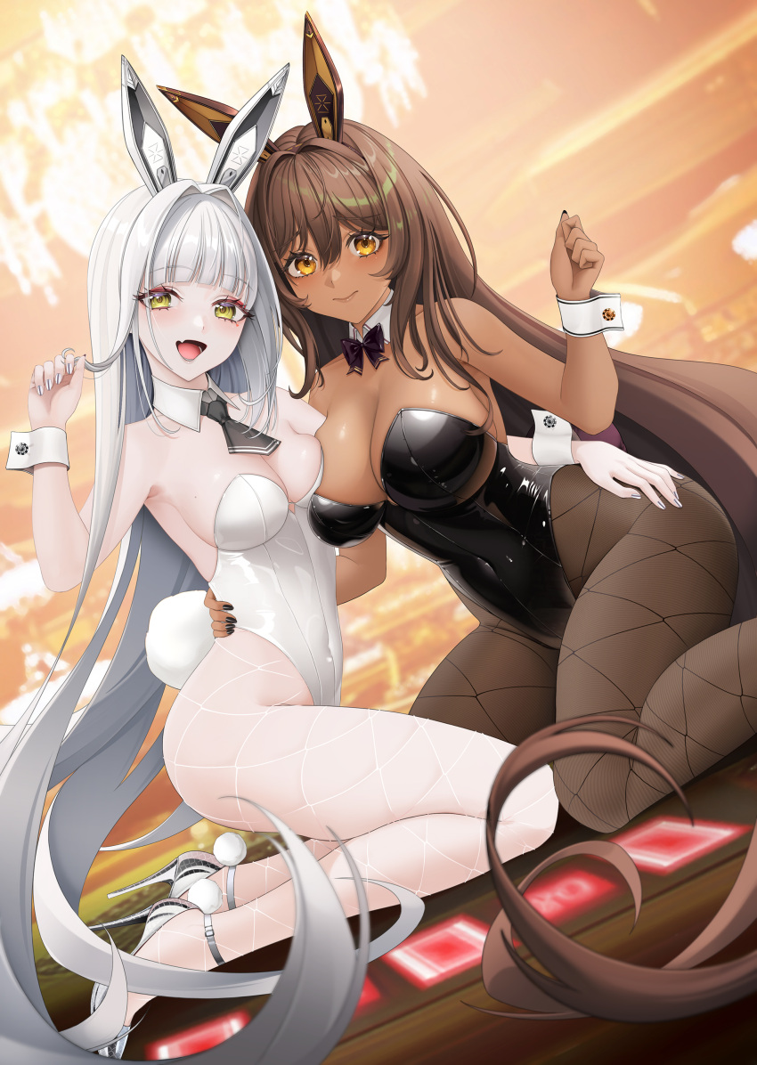 2girls 777_(nikke) absurdres akaisu animal_ears ascot asymmetrical_docking bare_shoulders black_ascot black_bow black_bowtie black_leotard blanc_(nikke) bow bowtie breast_press breasts brown_hair chandelier cleavage dark-skinned_female dark_skin detached_collar fake_animal_ears fishnet_pantyhose fishnets goddess_of_victory:_nikke hair_intakes hand_on_another's_hip highleg highleg_leotard highres interlocked_fingers large_breasts leotard long_hair looking_at_viewer medium_breasts multiple_girls noir_(nikke) oerba_yun_fang open_mouth orange_eyes pantyhose playboy_bunny poker_chip rabbit_ears siblings sisters skin_fang smile strapless strapless_leotard tongue very_long_hair white_hair white_leotard wrist_cuffs