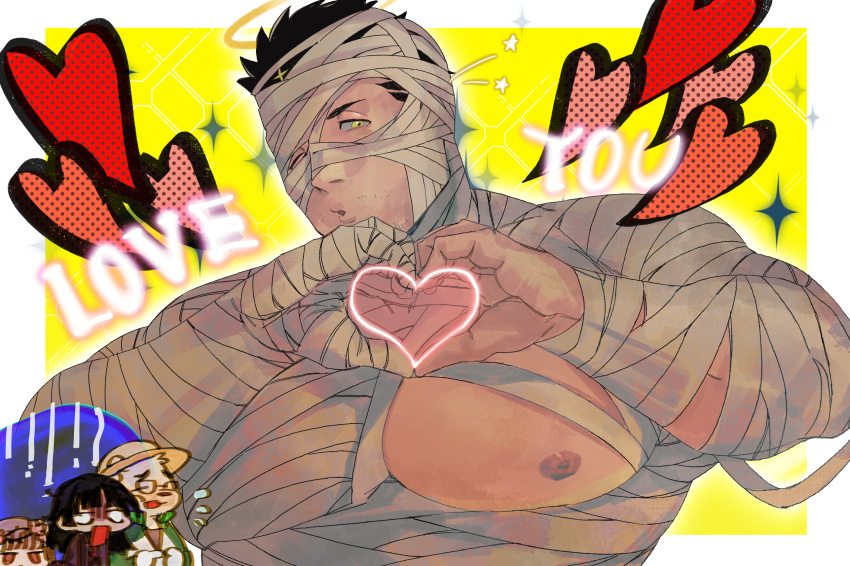 >_o 1boy :o alice_(housamo) annotated bandages bara bare_pectorals black_hair blackcatlandr border chinese_commentary commentary_request covered_nipples english_text facial_hair halloween_costume halo heart heart_hands highres large_pectorals looking_at_viewer male_focus mummy_costume muscular muscular_male naked_bandage nipples official_alternate_costume one_eye_closed outside_border pectorals protagonist_2_(housamo) short_hair stubble tokyo_afterschool_summoners upper_body volos_(housamo) white_border yellow_background yellow_eyes zabaniyya_(halloween)_(housamo) zabaniyya_(housamo)