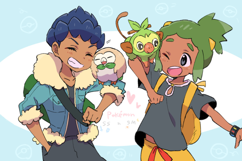 2boys ^_^ backpack bag bangs_pinned_back black_pants black_shirt blue_jacket closed_eyes commentary_request copyright_name dark-skinned_male dark_skin fur-trimmed_jacket fur_trim green_hair grey_eyes grin grookey hau_(pokemon) hop_(pokemon) jacket mikanbako_(aitatadon3) multiple_boys open_mouth pants poke_ball_symbol pokemon pokemon_(creature) pokemon_on_arm pokemon_sm pokemon_swsh purple_hair rowlet shirt shorts sidelocks smile t-shirt topknot trait_connection yellow_shorts