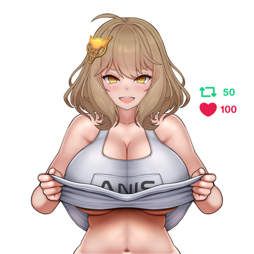 ahoge anis_(nikke) blush breasts brown_eyes brown_hair clothes_lift clothes_writing female goddess_of_victory:_nikke grey_shirt hair_between_eyes hair_ornament highres kuronekozero large_breasts looking_at_viewer open_mouth shirt short_hair simple_background smile solo t-shirt teeth underboob upper_body upper_teeth_only white_background