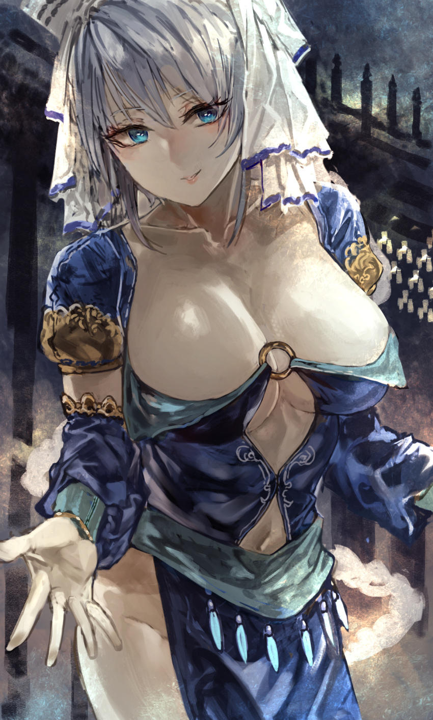 bad_id bad_pixiv_id blue_eyes braid breasts cleavage clothing_cutout collarbone commission detached_sleeves dress feathers female highres indoors large_breasts looking_at_viewer navel navel_cutout o-ring original resolem ribbon sash signo_aaa skeb_commission smile solo standing tempest_vela_arbess white_hair white_headwear