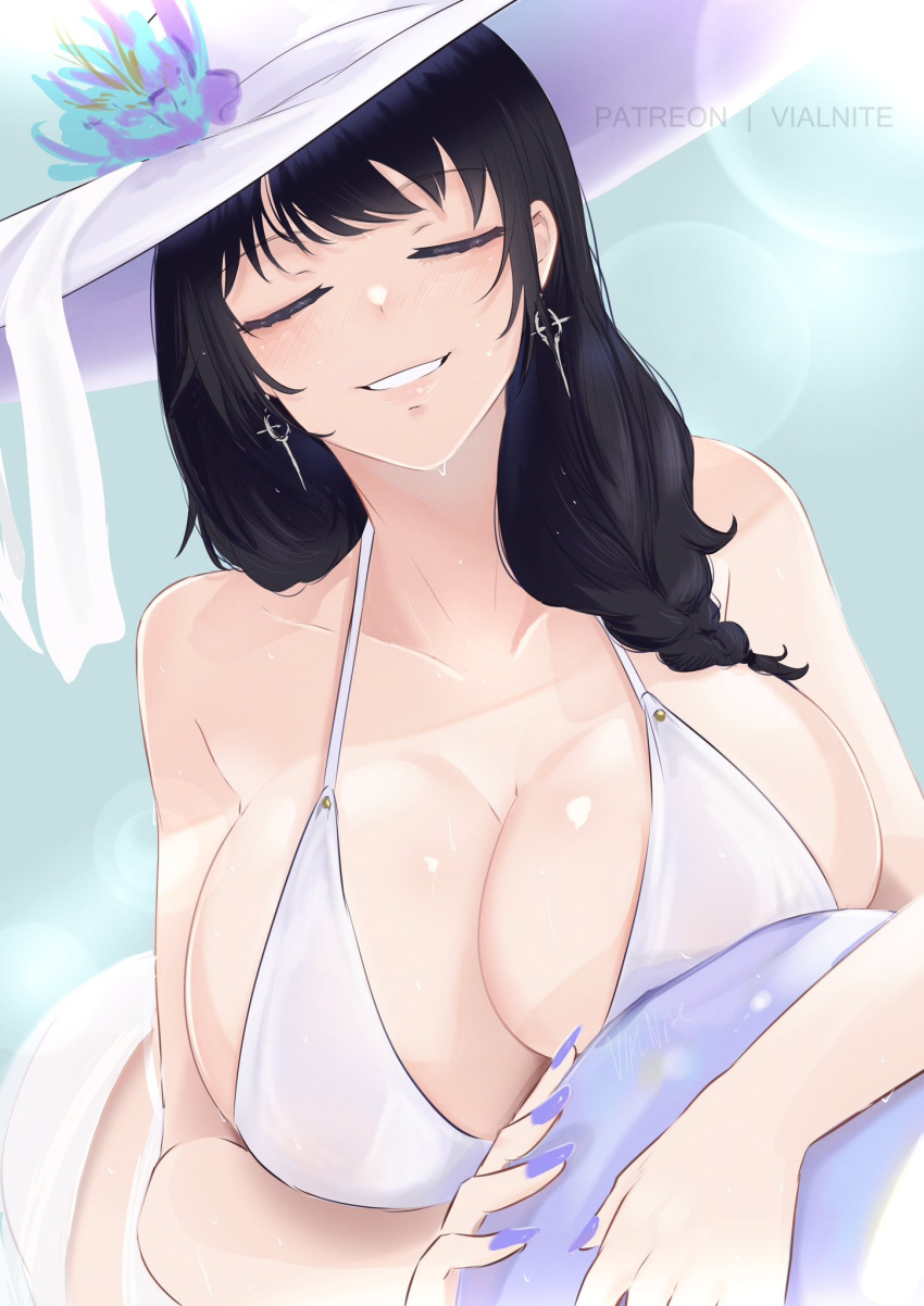 bare_shoulders bikini black_hair blue_hair braid breasts cleavage closed_eyes collarbone earrings english_commentary female flower goddess_of_victory:_nikke hat hat_flower highres holding holding_swim_ring innertube jewelry large_breasts mary_(bay_goddess)_(nikke) mary_(nikke) multicolored_hair patreon_username side_braid smile solo streaked_hair sun_hat swim_ring swimsuit thighs vialnite white_bikini white_hat