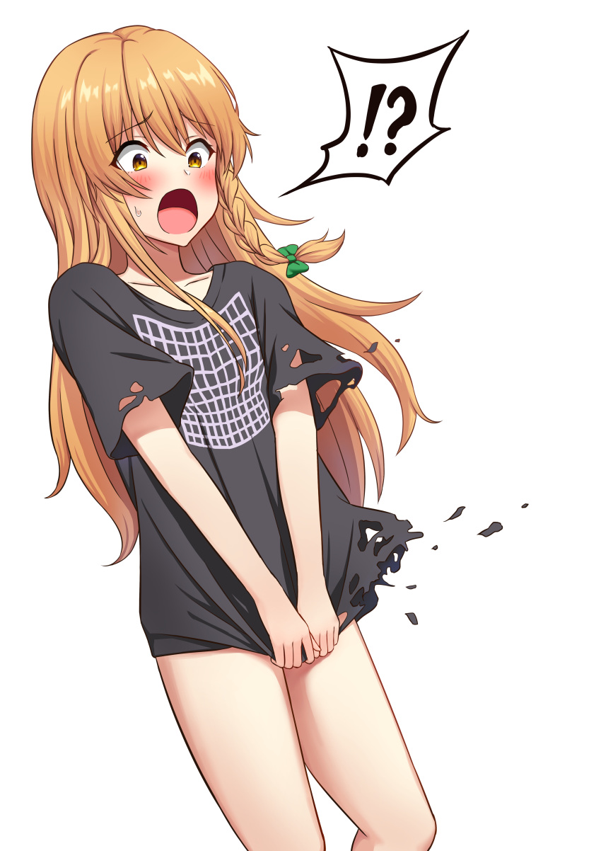 !? :o absurdres black_shirt blonde_hair blush bow breasts collarbone commentary_request feet_out_of_frame female green_bow hair_ribbon highres illusion_grid_t-shirt kirisame_marisa long_hair looking_down naked_shirt no_headwear open_mouth optical_illusion ribbon shirt shirt_tug small_breasts solo spoken_interrobang standing sweat tearing_clothes torn_clothes touhou tress_ribbon v_arms very_long_hair yamajun_(junyamaekaki) yellow_eyes