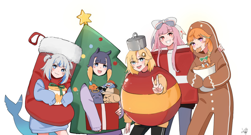 5girls :3 :d absurdres alternate_costume aqua_hair blonde_hair bloop_(gawr_gura) blue_eyes blue_hair blunt_bangs blush braid bubba_(watson_amelia) christmas christmas_tree_costume commentary cookie costume death-sensei_(mori_calliope) english_commentary fins fish_tail food food_in_mouth gawr_gura grey_hair grin hair_ornament highres hololive hololive_english holomyth kotori_(takanashi_kiara) long_hair long_sleeves looking_at_viewer lucferz mole mole_under_eye mori_calliope mouth_hold multicolored_hair multiple_girls ninomae_ina'nis oerba_yun_fang open_mouth orange_hair pink_eyes pink_hair purple_hair red_eyes shark_tail short_hair signature simple_background sleeves_past_fingers sleeves_past_wrists smile streaked_hair tail takanashi_kiara takodachi_(ninomae_ina'nis) two-tone_hair two_side_up v virtual_youtuber watson_amelia white_background