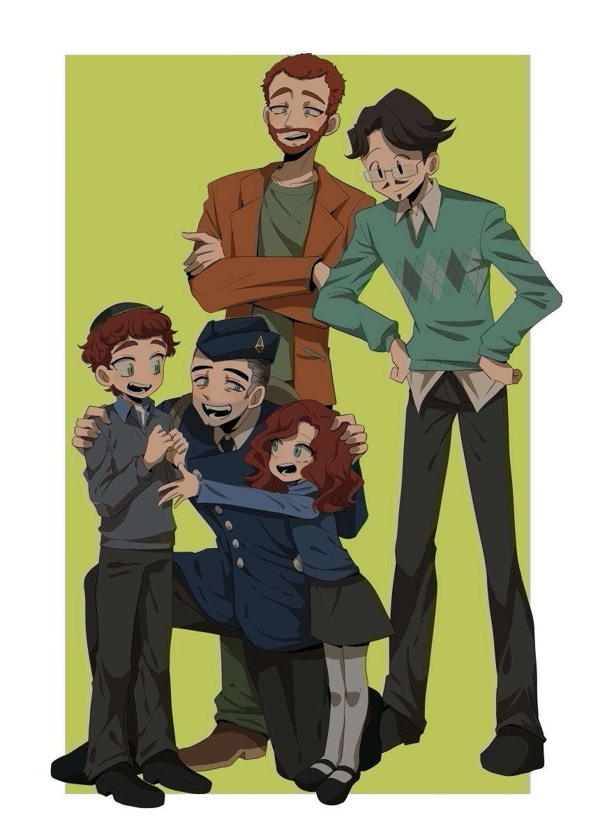 4boys absurdres aged_up animification bad_id bad_twitter_id beard black_hair blue_eyes brother_and_sister brothers commentary crossed_arms facial_hair father_and_daughter father_and_son female goatee green_eyes hat highres ike_broflovski jacket kippah kyle_broflovski military military_hat military_uniform moustache multiple_boys nyo_8w8 orange_jacket peaked_cap red_hair short_hair siblings skirt south_park south_park:_post_covid spoilers stan_marsh sweater uniform