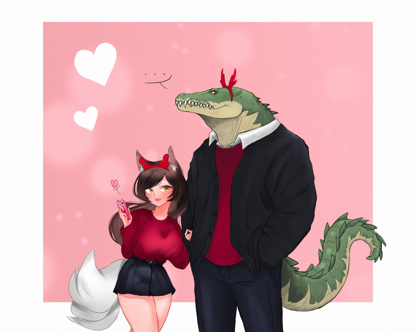 ahri_(lol) animal_humanoid anthro canid canid_humanoid canine canine_humanoid countershading crocodilian duo ellipsis female fox_humanoid happykaiju heart_symbol hi_res humanoid league_of_legends male male/female mammal mammal_humanoid renekton reptile riot_games scalie tencent