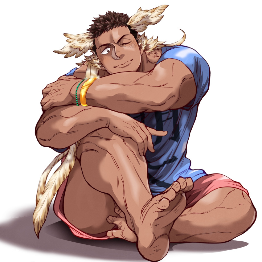 1boy animal_ears bara bird_ears black_hair blue_shirt dark-skinned_male dark_skin feet full_body head_wings hermes_(housamo) highres kizami_nori_to_yamaimo male_focus muscular muscular_male official_alternate_costume pink_shorts shirt shorts sitting soles solo toes tokyo_afterschool_summoners wings