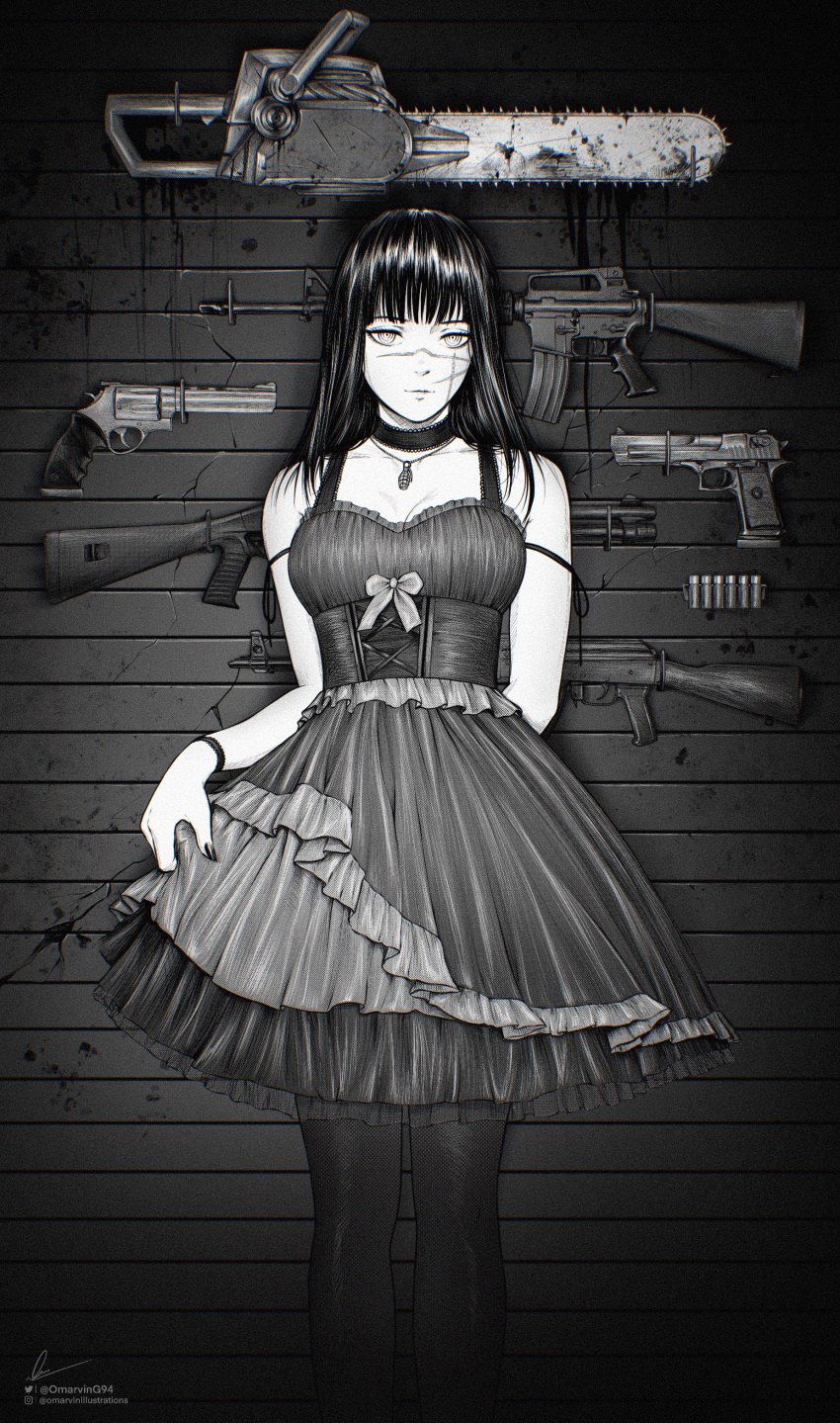 absurdres akm arms_behind_back assault_rifle benelli_m4 black_choker black_dress blood blood_on_weapon bracelet chainsaw chainsaw_man choker colt_python cross-laced_clothes cross-laced_dress cross_scar desert_eagle dress explosive female frilled_dress frills grenade greyscale gun handgun highres instagram_username jewelry kalashnikov_rifle long_hair looking_at_viewer m16 m16a2 marvin_(omarvin) monochrome multiple_weapons nail_polish revolver ribbon rifle ringed_eyes scar scar_on_cheek scar_on_face shotgun shotgun_shell solo twitter_username weapon weapon_on_wall yoru_(chainsaw_man)